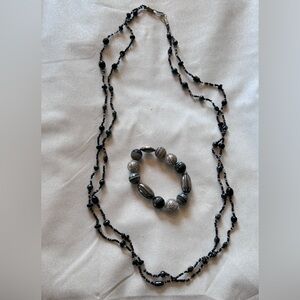 Black & Clear Sea Bead style Necklace and Beaded and Silver Metal Bracelet